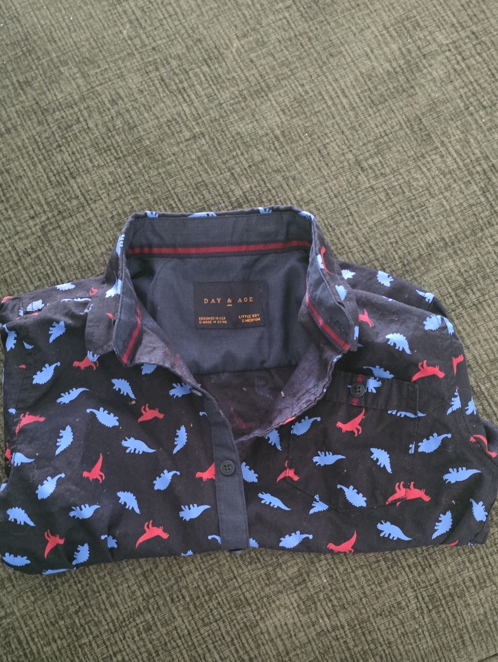 Kids Black Button-Down Shirt with Red & Blue Dino Print